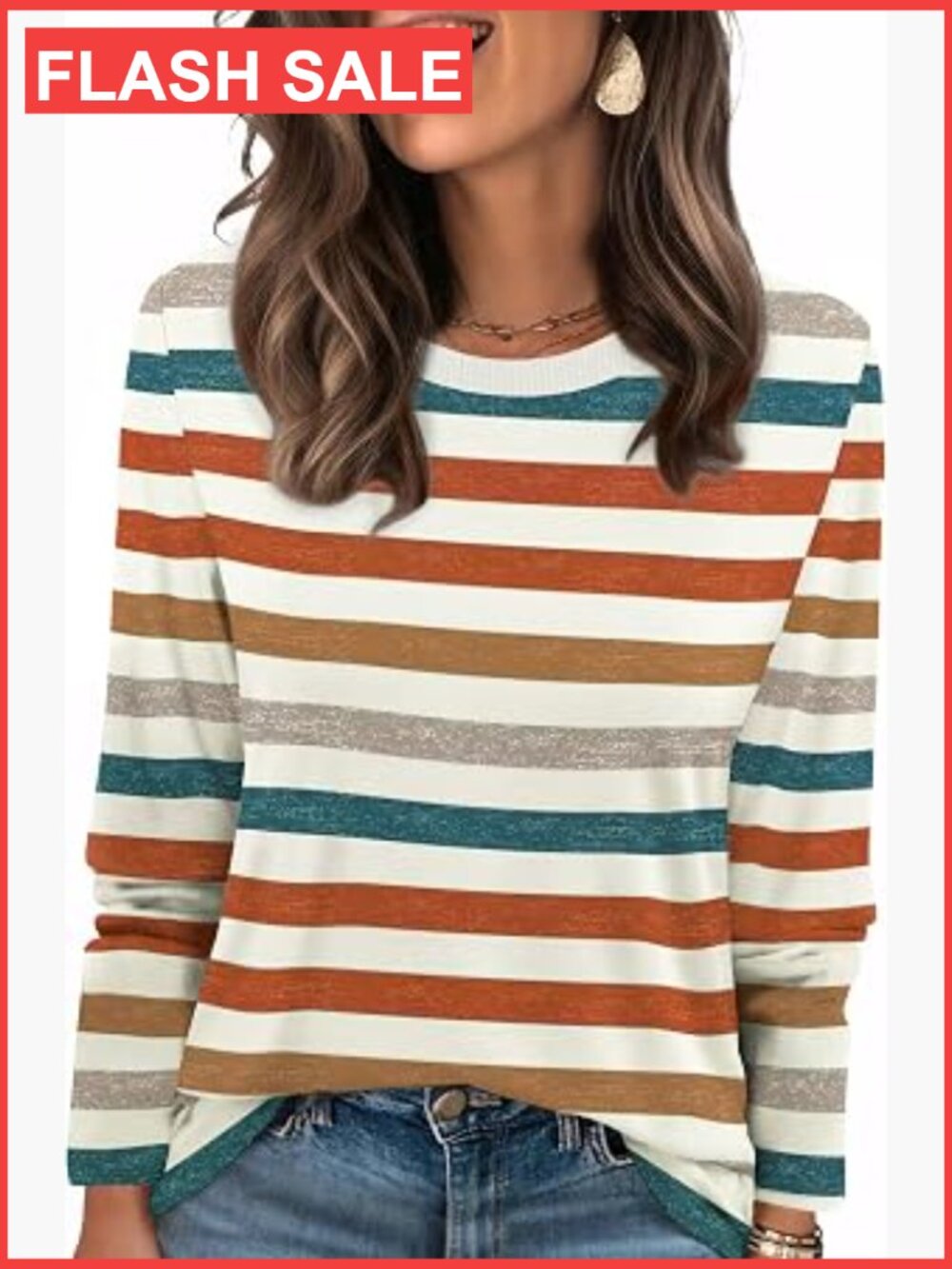 Long Sleeve Striped Crewneck Tee Color Block Blouse Fall Outfit Womens